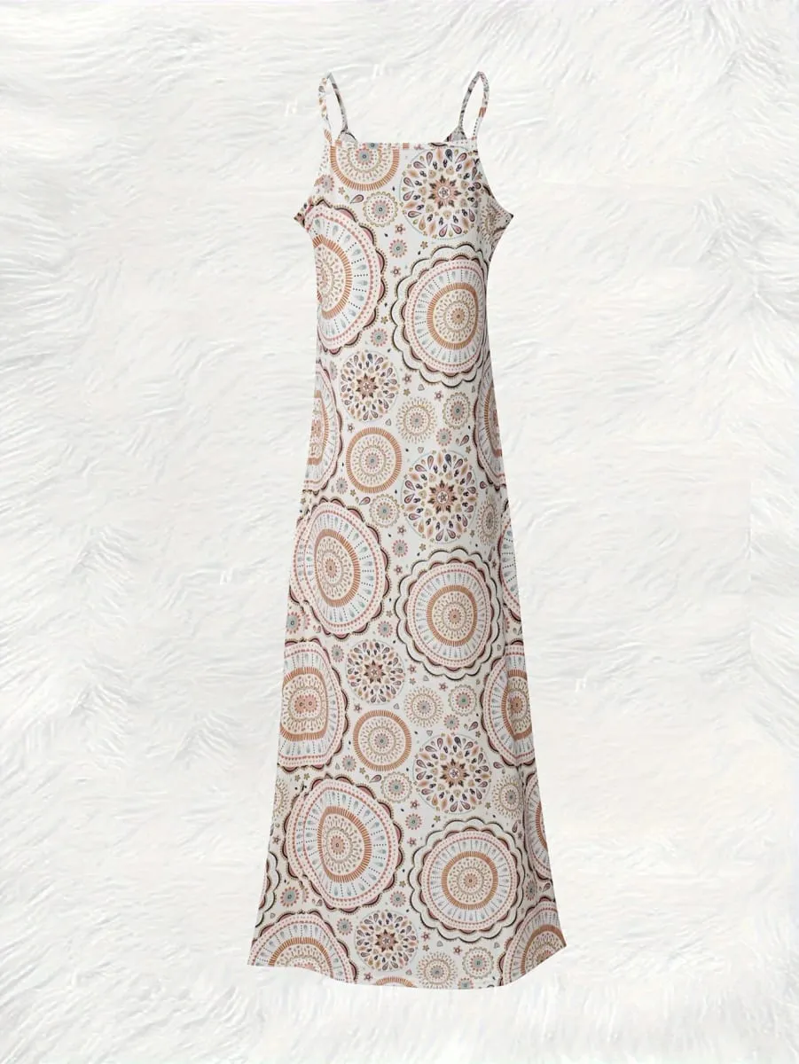 Women Long Sleeve Midi Dress with Mandala Print Boho Floral Pattern Summer Vacation Dress Casual Office Wear A Line Fit