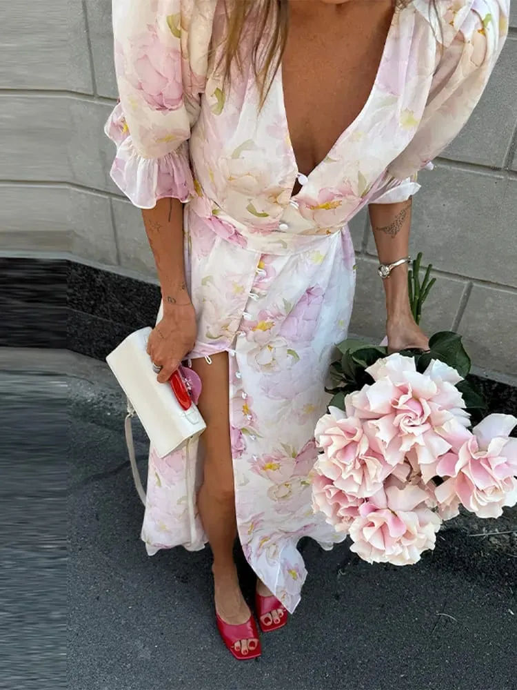 Organza Floral Printed Maxi Dress V-Neck Puff Sleeve 2026 Spring/Summer Romantic Women Party Gown Fashion Elegant Lady Vestidos