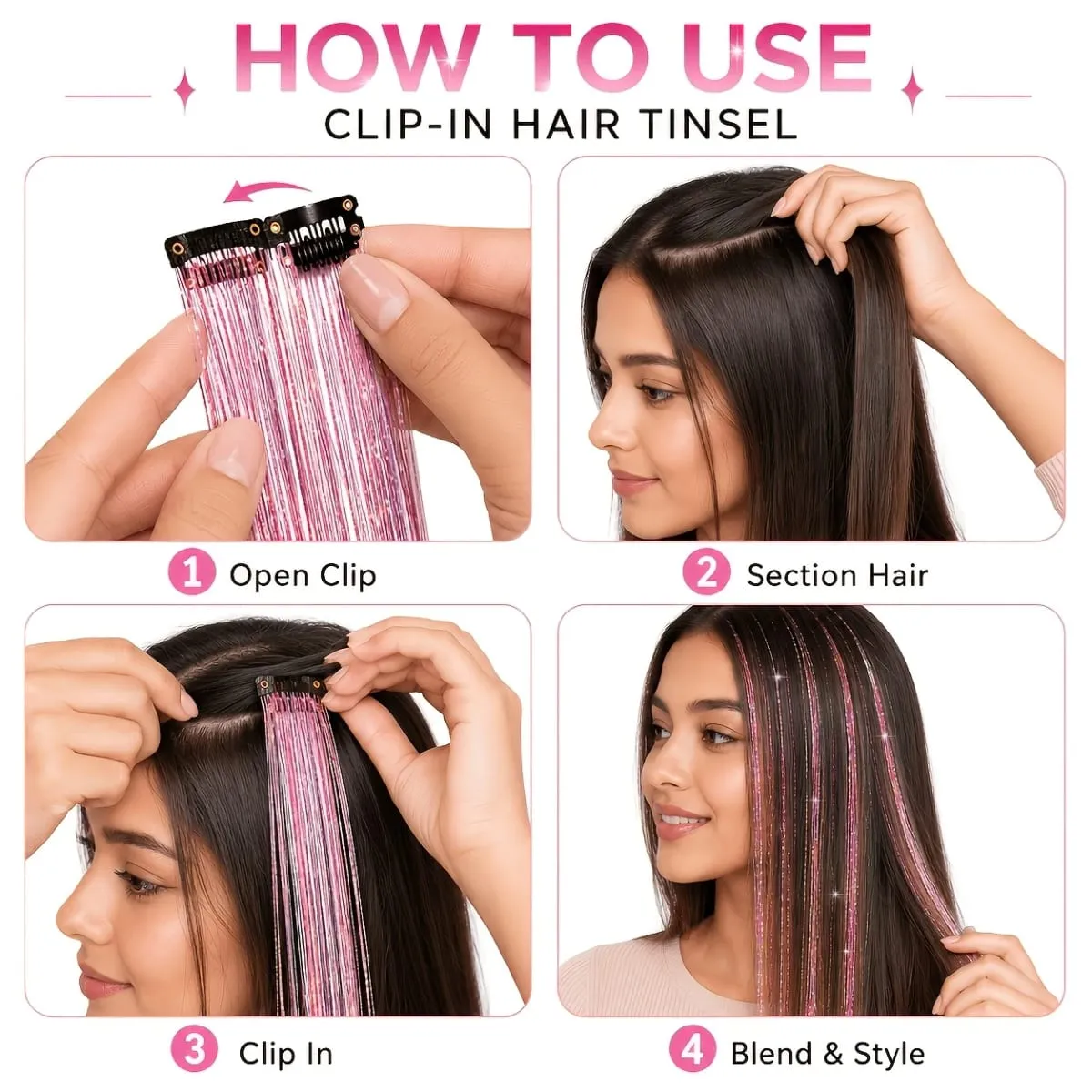 4pcs Clip-In Hair Tinsel Extensions Sparkly Holographic Glitter Hair Strands with Snap Clips Reusable Easy-To-Wear Hair