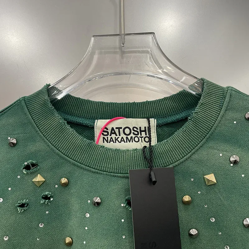 26FW Heavy Fabric Cotton Loose Rhinestone Rivet Satoshi Nakamoto Sweatshirts Men Women Vintage Charcoal Gray Green Pullovers