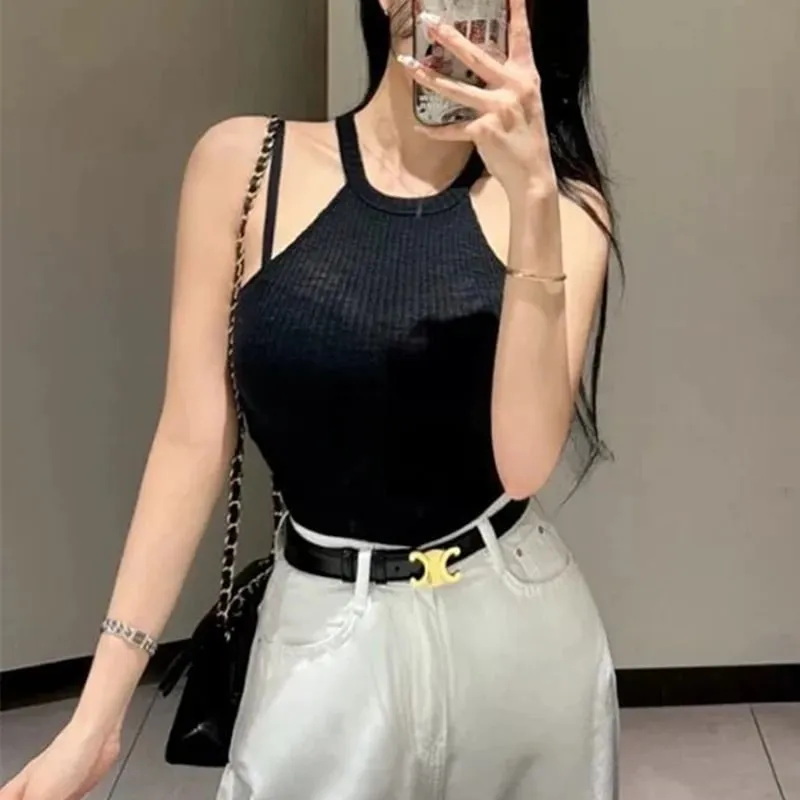 Halter Off Shoulder Crop Top Korean New Arrival Elegant Slim O-Neck Tank Top Women Fashion Figure Flattering Sleeveless Camis