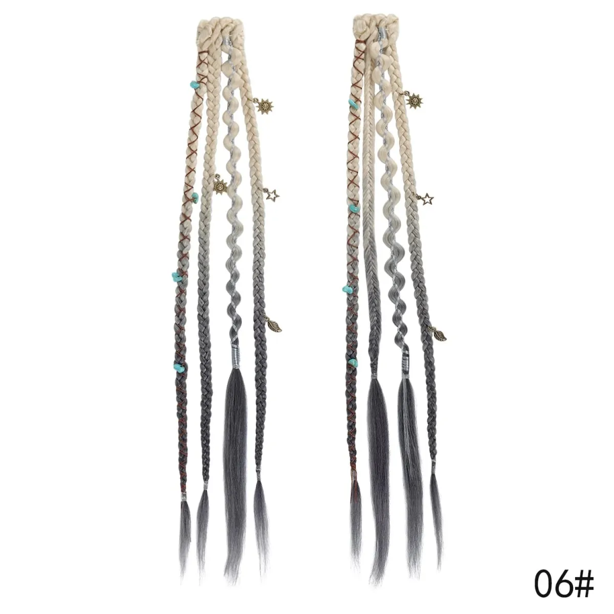 2Pcs Clip in Braided Hair Extensions for Women 16/20 Inch Handmade Synthetic Boho Clip in Braid Hairpieces with Beads & Charms