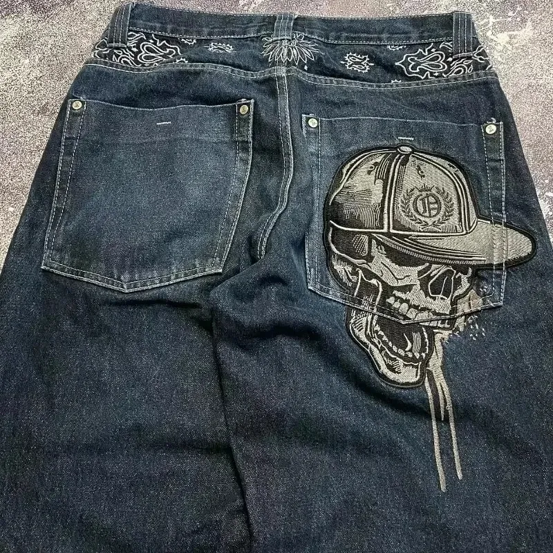 American Y2K Hip Hop Fashion Trend Skull Embroidery Spot Jeans Men Street Loose Straight Wide-leg Pants Couple Oversized Jeans