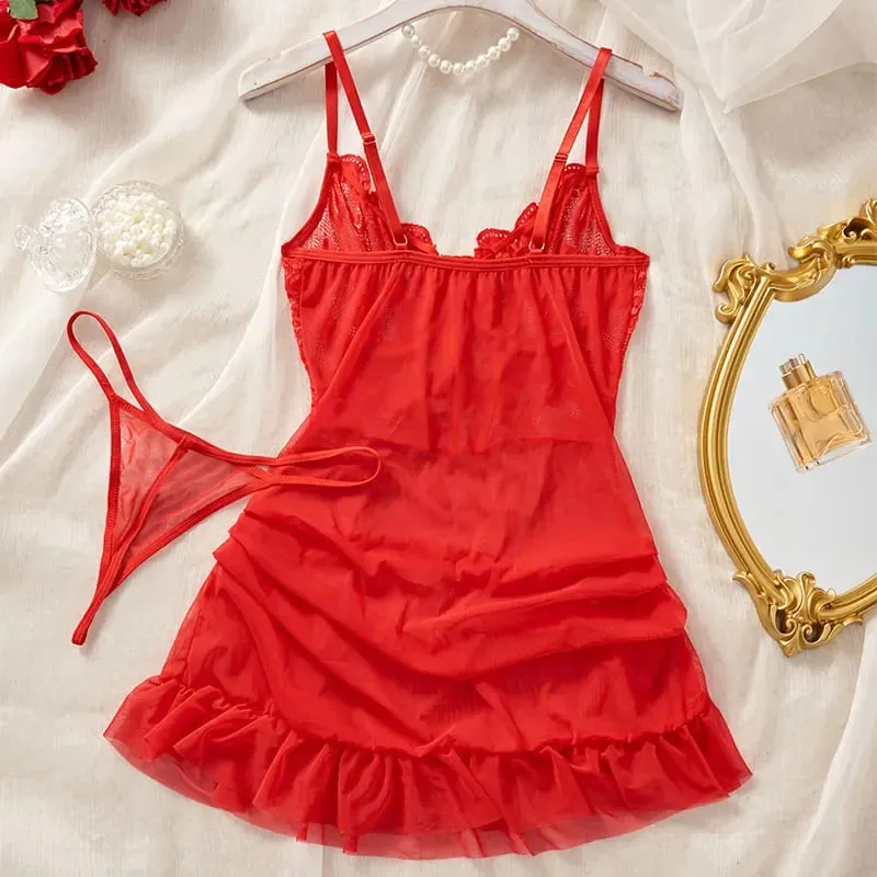 Hot Sexy Lace Splicing Dress Wanita Lingerie See Through Nightdress Solid Slim Leher V Leher Korset Push Up Bra Seluar Dalam Set Thong