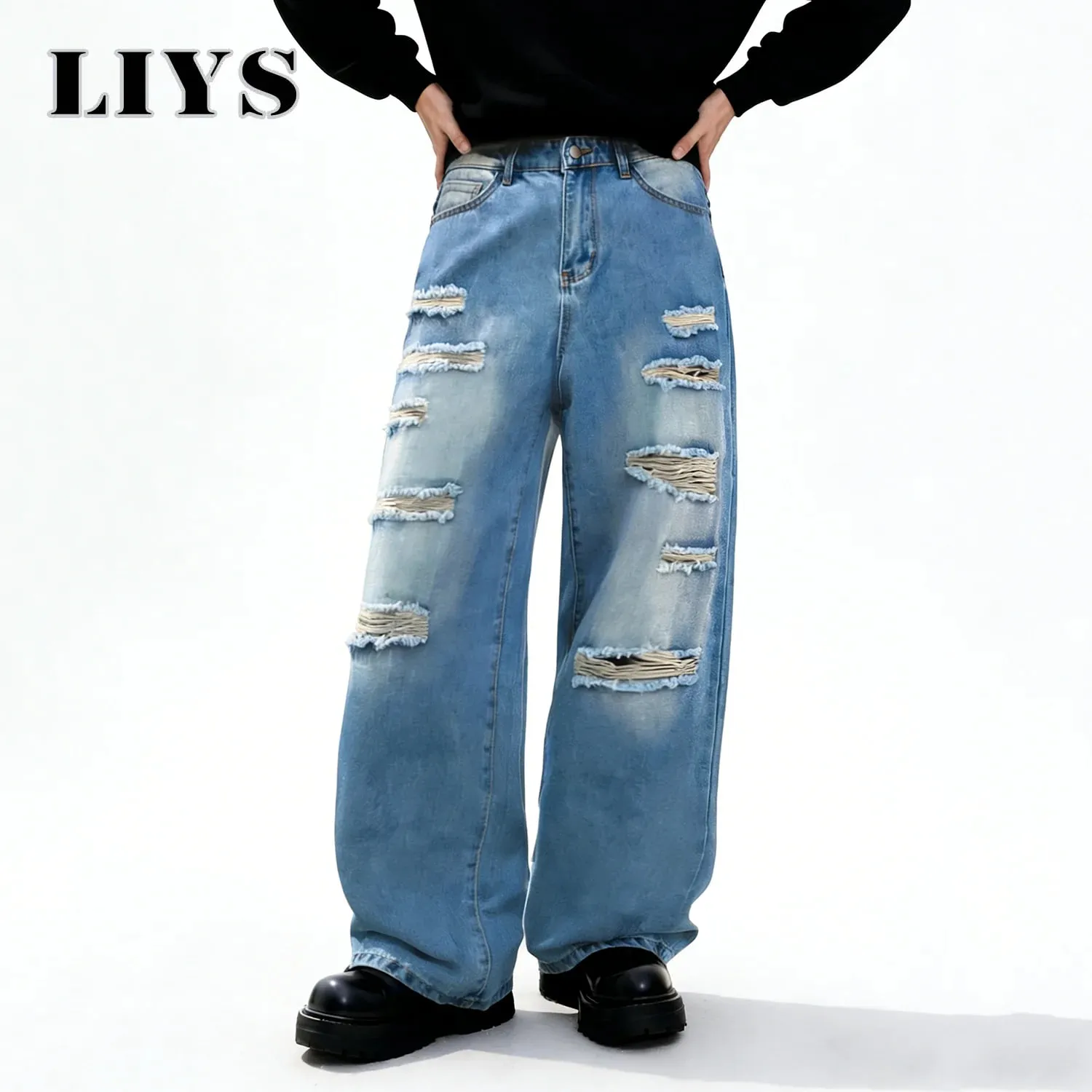 American Street Retro Men's Black Baggy Wide Leg Ripped Jeans Gothic Tear Style Unisex Loose Straight Leg Denim Pants Clothes