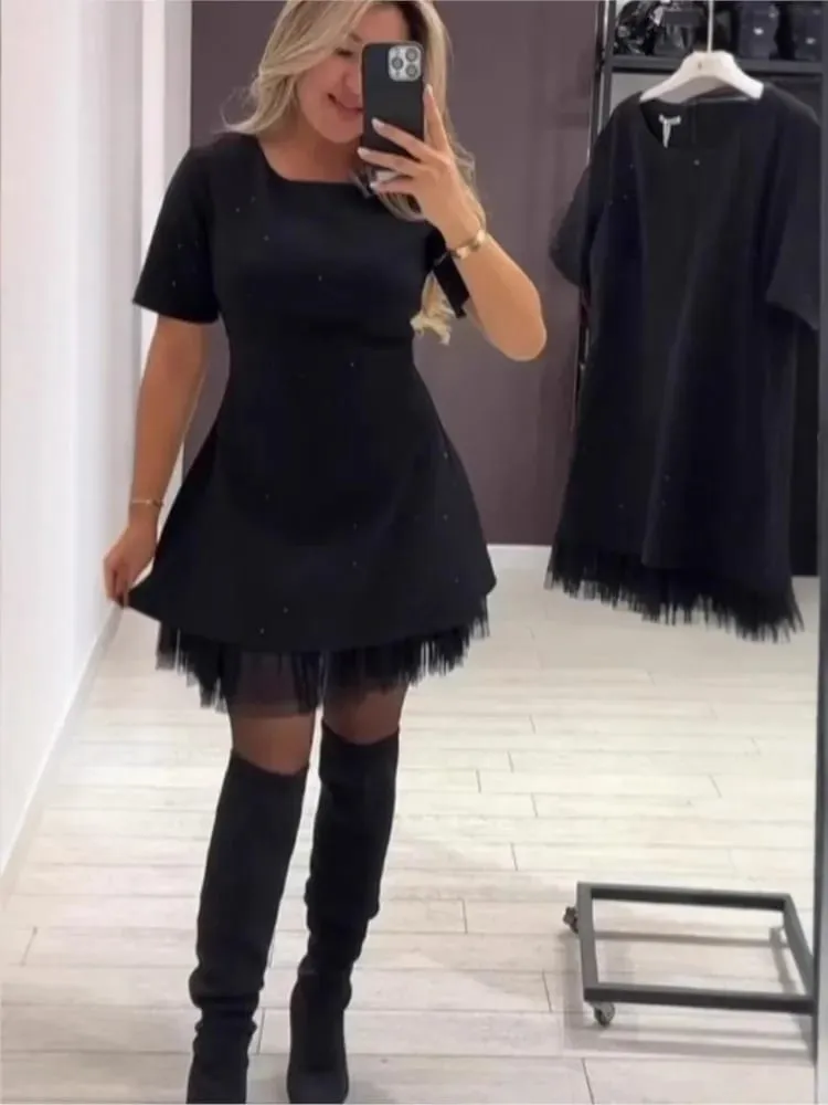 Elegant Casual Dress Spring Summer New Style Hot Rhinestone Hem Mesh Solid Fashion Dress For Women Short Sleeve Holiday Dress