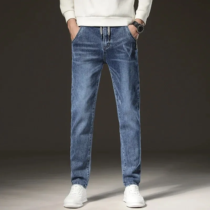 Warm Winter Jeans Men's Fleece Light Blue Slim Straight Denim Pants High Quality Thicken Velvet Elastic Comfort Casual Trousers