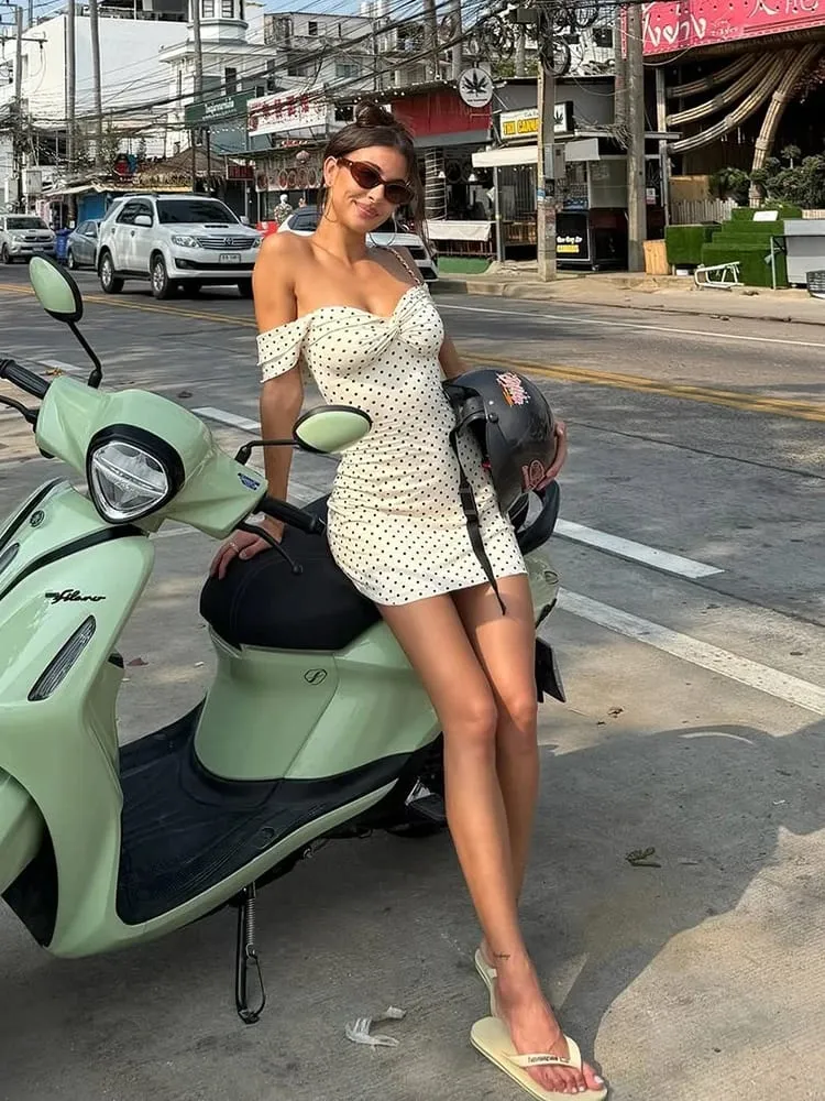 Whatiwear Sexy Trend Dress Women Polka Dot Print Slash Neck Ruched Patchwork Sleeveless Fashion Summer Street Party Mini Bodycon