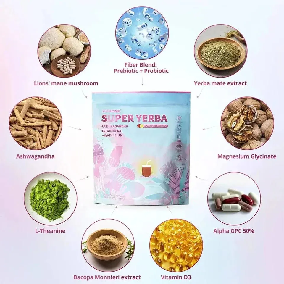 Super Yerba Instant Drink Powder 30 Packets with Probiotic Ashwagandha Vitamin Promote Gut Intestinal Health Digestion Immunity