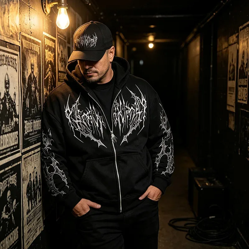 Men Alt Gothic Zip Up Hoodie Y2k High Street American Style Dark Thorn Print Fleece Lined Loose Biker Fall Winter Sweatshirt