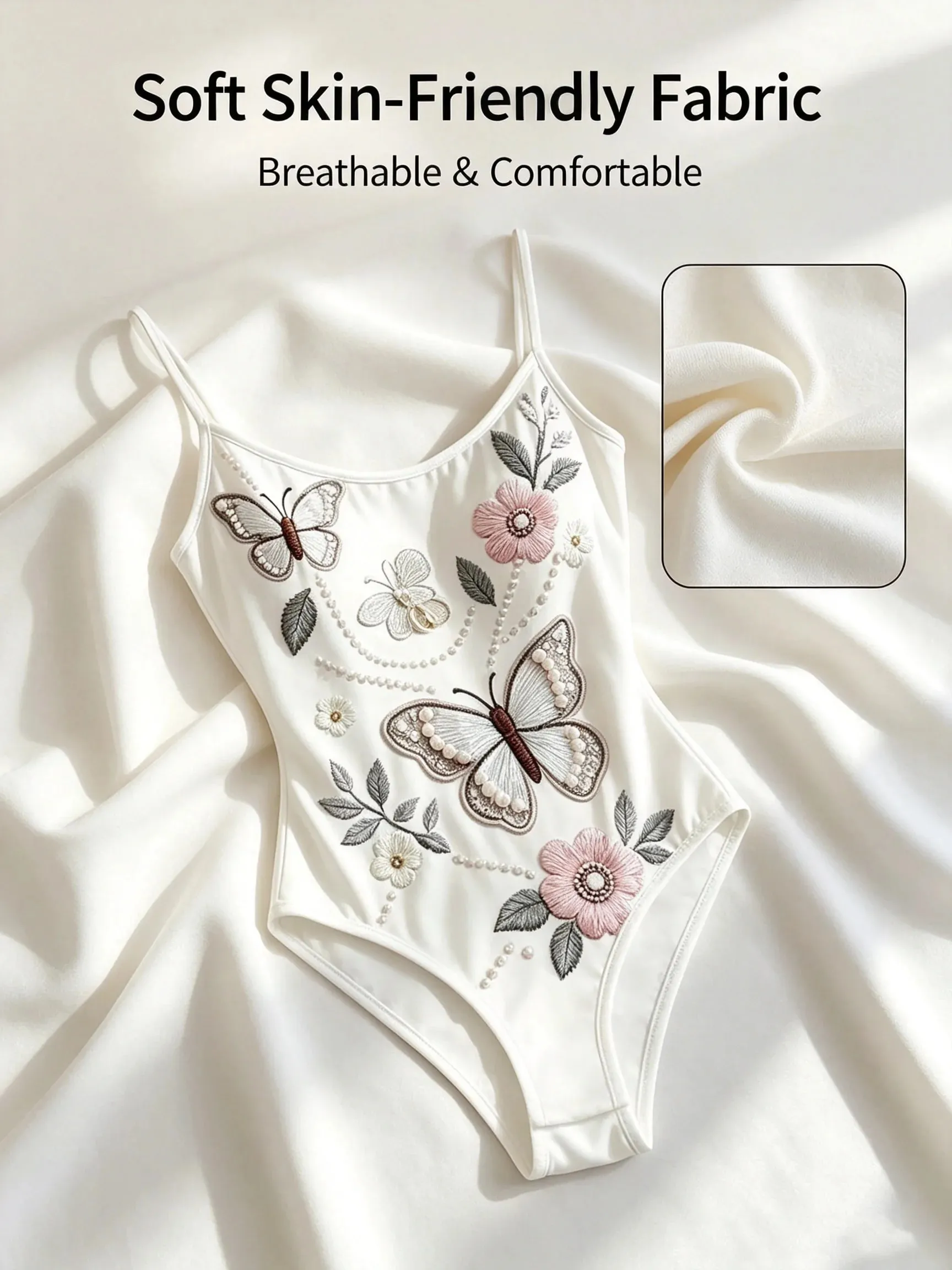 Elegant Butterfly Floral Embroidery Bodysuit Women Spaghetti Strap Slim High‑Cut One‑Piece Bodycon Jumpsuit