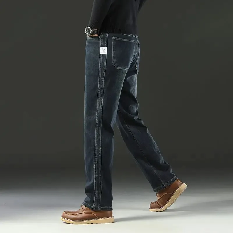 Men's Spring Autumn Soft Baggy Jeans Casual Straight Stretch Wide-Leg Business Denim Pants Versatile Comfortable Loose Trousers