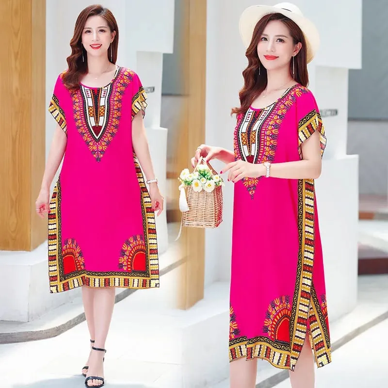 Summer cotton and silk dress medium and long bat sleeve loose large size beach dress mother dress belly and thin skirt women