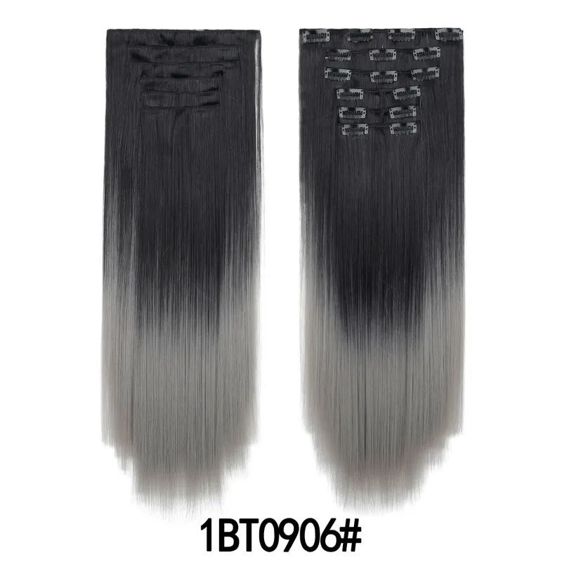 6 ชิ้น 24 นิ้วสี Ombre คลิปต่อผมยาวสังเคราะห์ตรง Hairpieces Layered นุ่มคลิปที่มองไม่เห็น Ins Extensions