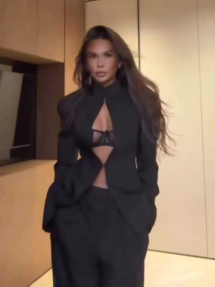 Sexy Black Hollow Blazer Dress Women Elegant Full Sleeve Shoulder Pads Cinched-waist Mini Dresses 2026 Lady Evening Dinner Robes