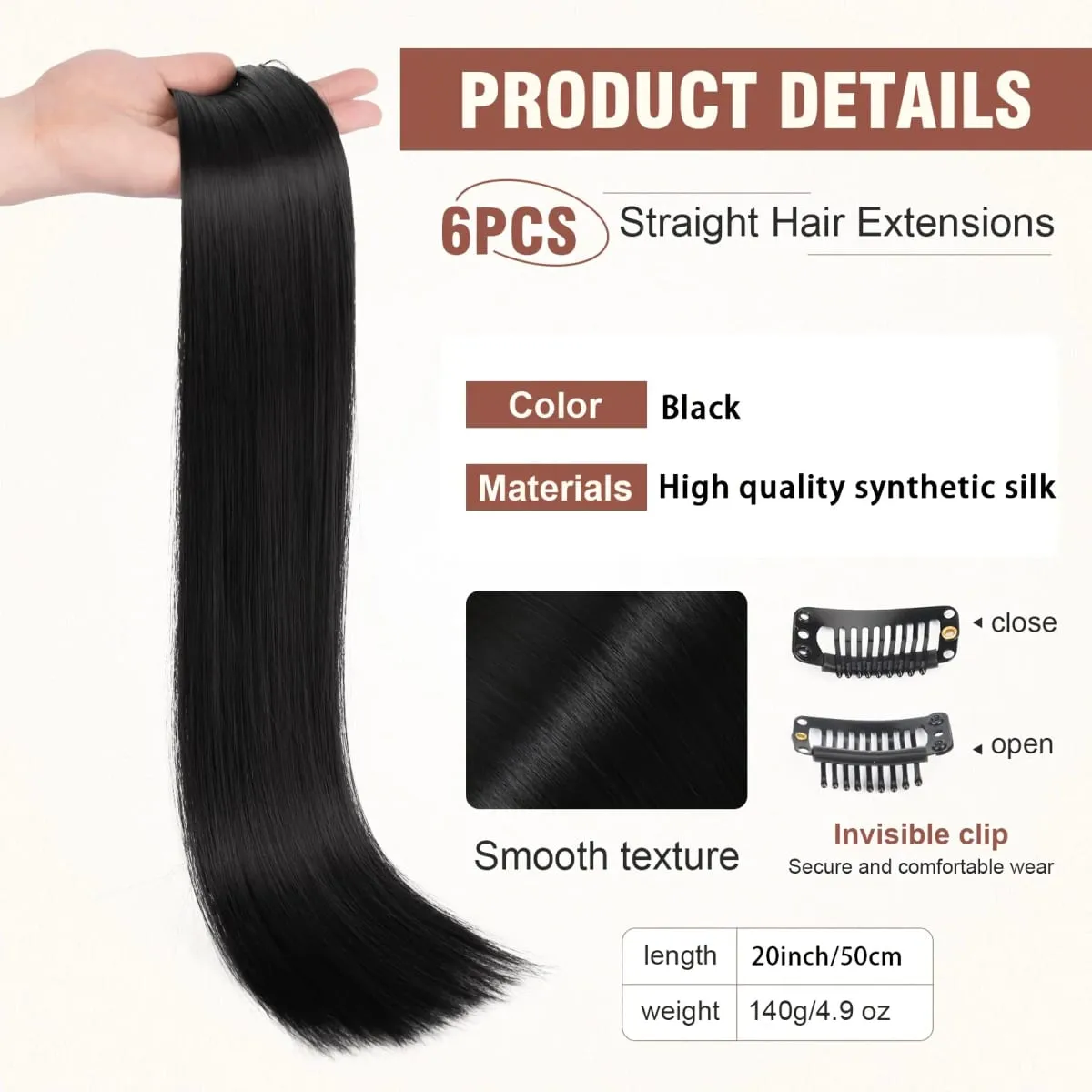 6pcs Clip-in Straight Hair Extensions Suitable for Women - Heat Resistant Synthetic Hairpiece with Look