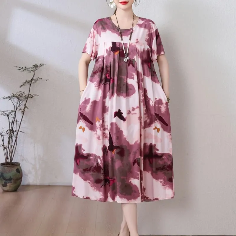 Yeni Moda Rahat 2026 Yaz Elbiseler Kadınlar Için Vintage Kısa Kollu O-Boyun Baskı Gevşek Çiçek Elbise Kadın Giysileri