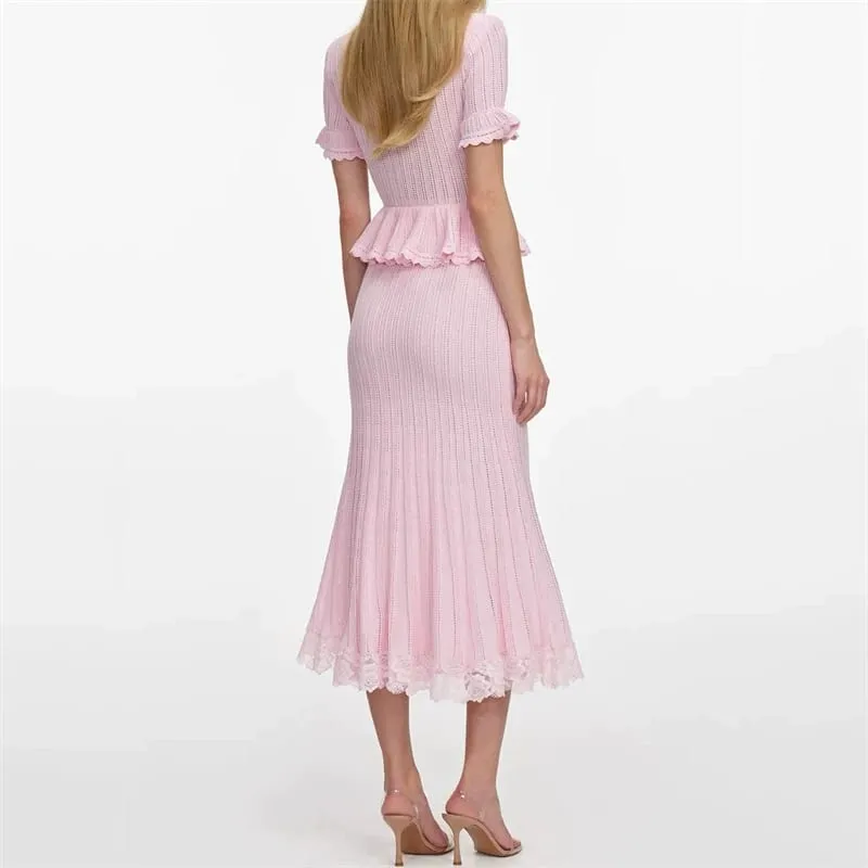 New Summer Women's Lace-Trimmed Short-Sleeve Knitted DressY2K High-Quality Fashionable Casual Faux Two-Piece Fishtail Maxi Dress