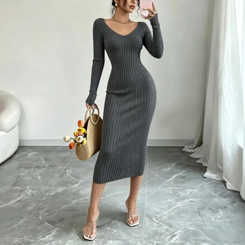 Women Solid Color V‑Neck Ribbed Knit Maxi Sweater Dress Elastic Long Sleeve Bodycon Dress Ladies Casual Party Fashion Dresses