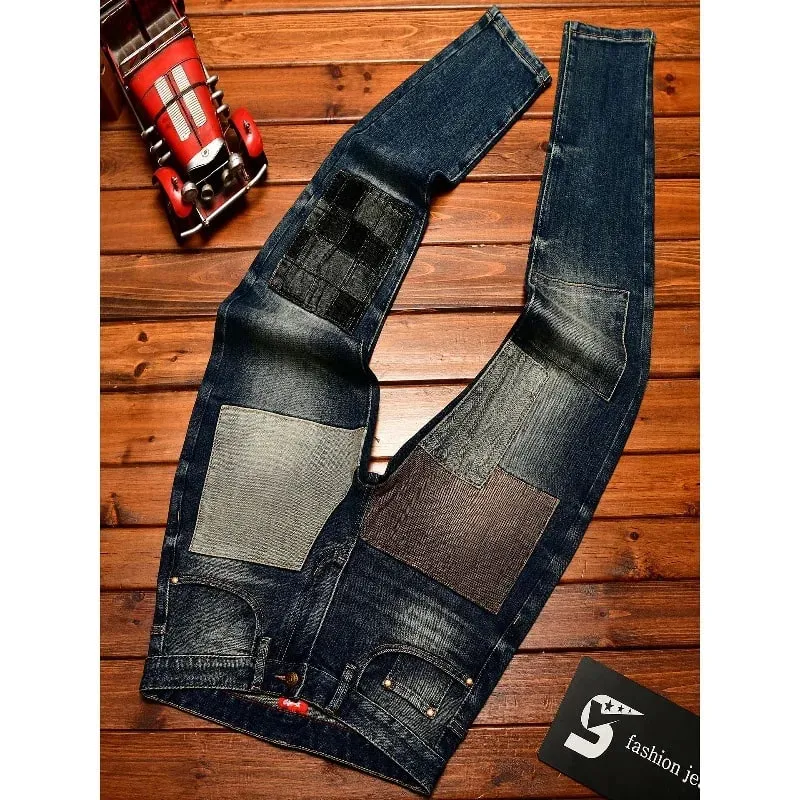 Y2K Street Fashion Designer Men Jeans High Quality Retro Blue Stretch Slim Fit Ripped Jeans Men Brand Vintage Denim Pants