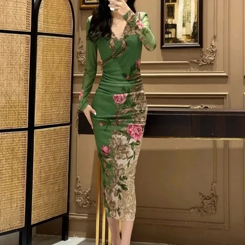 Feminine V-neck Long-sleeved Positioning Slimming Mesh Fashionable Wrap Long Skirt Dresses