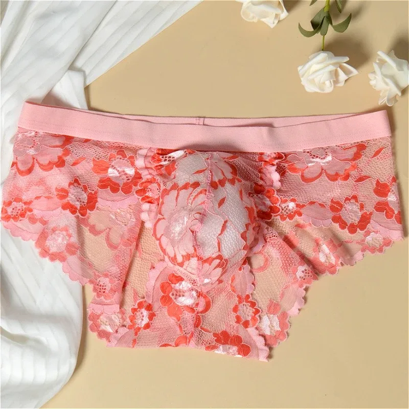 Biancheria intima sexy in pizzo Liscio Mutandine da uomo a sacchetto Prospettiva Slip da uomo floreali sottili Tentazione Mutande traspiranti a vita bassa in rete