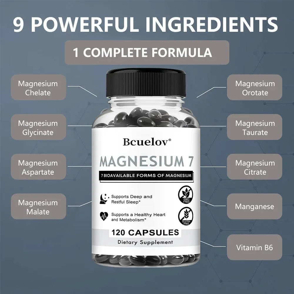 Suplemen Magnesium 7 Kapsul Magnesium Alami untuk Tidur Jantung dan Dukungan Metabolisme dengan Vitamin B6 Vegan Non-GMO