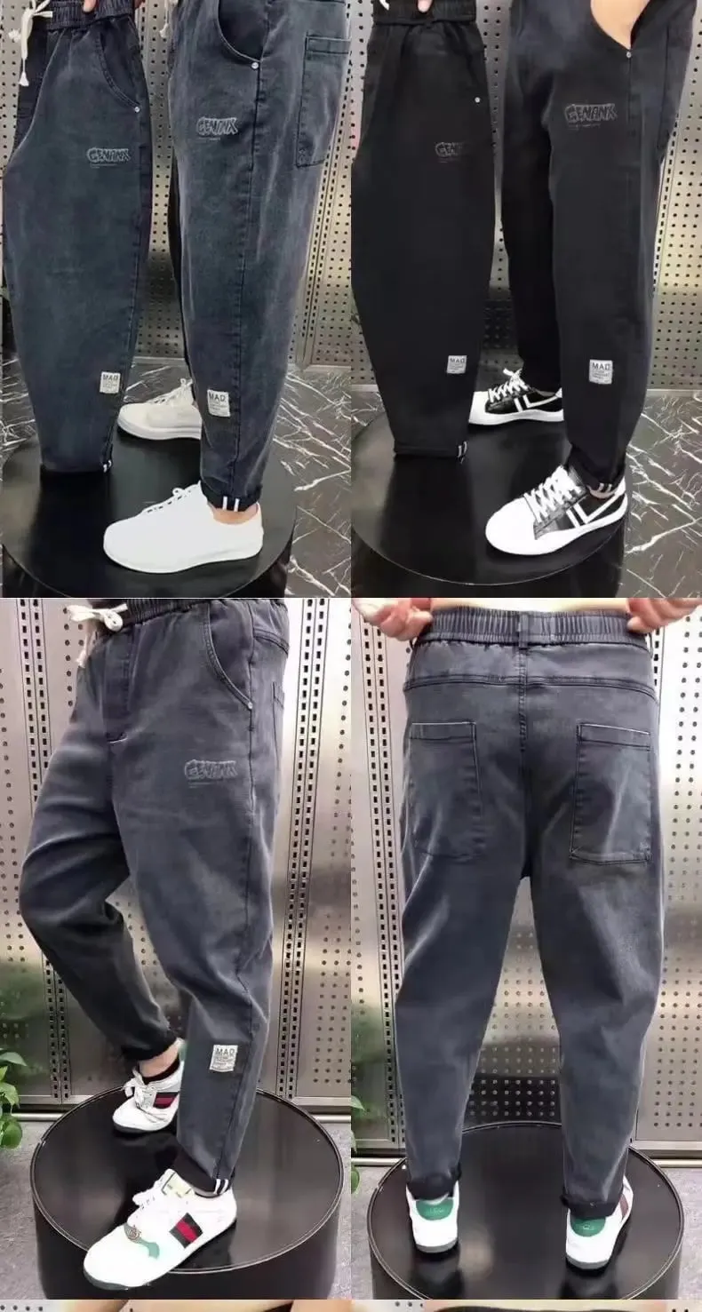 Harajuku Stretch Korea Streetwear Loose Solid Denim Jeans Elastic Waist for Men Spring Summer New plus size 7XL 8XL Casual Pants