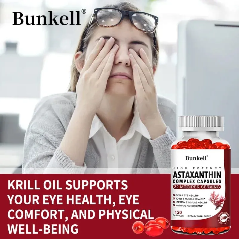 Bunkell Vegan Astaxanthin med fiskeolie og antratisk krillolie Antioxidant understøtter øjenhuds cellulær sundhed Ikke-GMO-kapsler