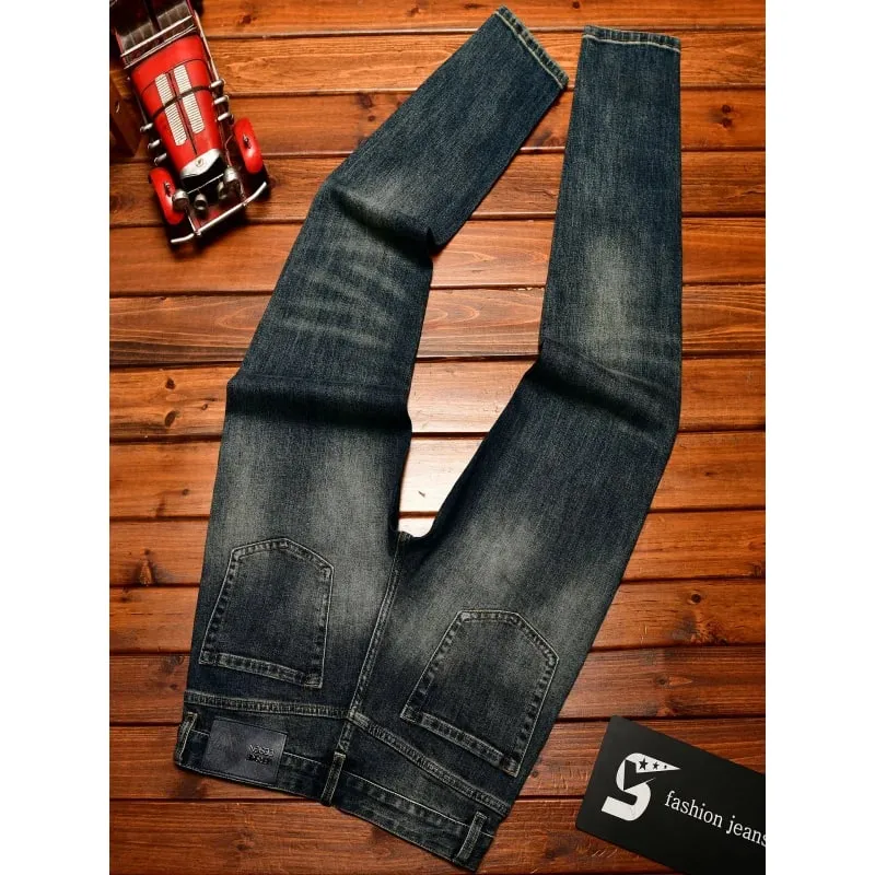 High end jeans men with ripped holes street fashion prints small feet elastic retro and handsome pants