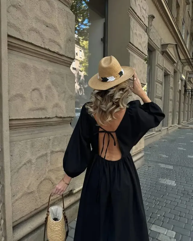 2026Spring Summer V Neck Backless Lace Up Dress Women Lantern Sleeve Loose Casual Long Dresses High Street Fashion Solid Robes