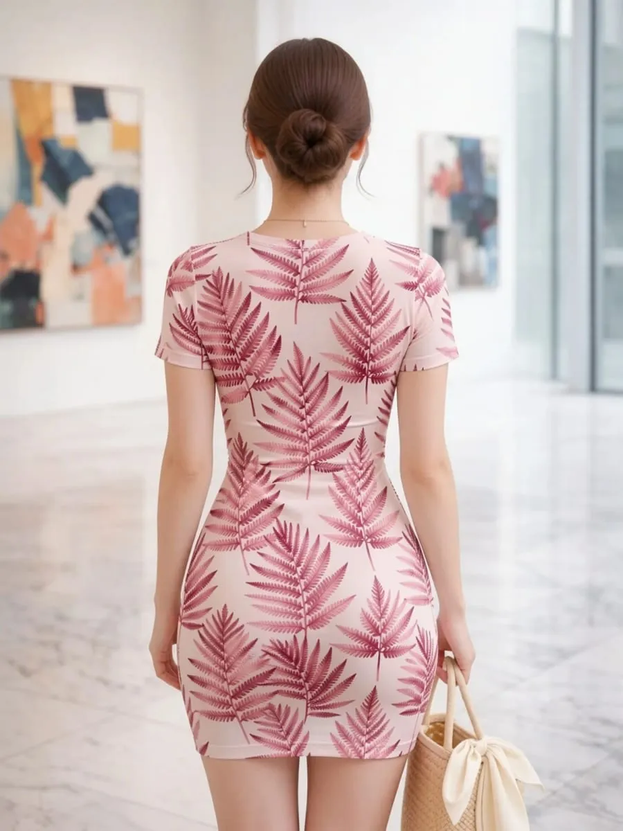 Womens Short Sleeve Bodycon Mini Dress Slim Fit Crew Neck Floral Print Casual Summer Party Weekend Lightweight Vacation Sundress