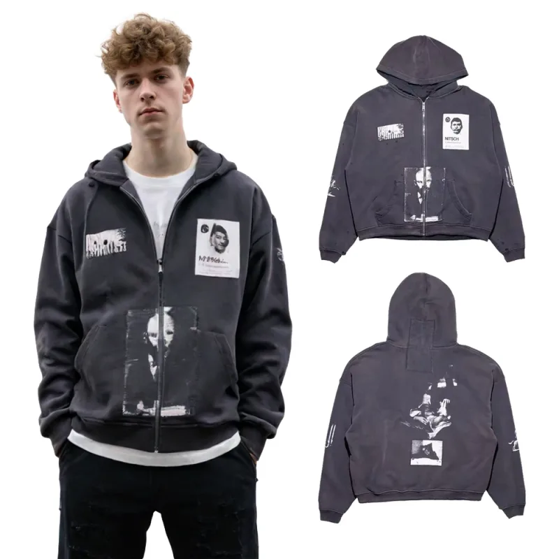 Y2k Subculture Graphic Zip Up Hoodies Hiphop Street Style Heavy Weight Cotton Retro Distressed Ripped Casual Loose Hoodies Men's