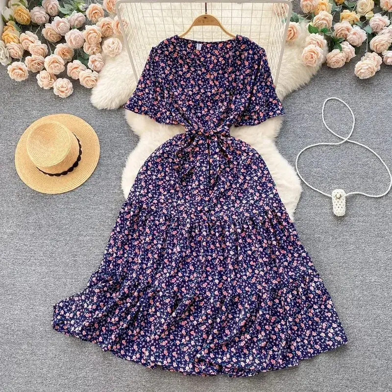 YuooMuoo Chic Fashion Vintage Floral Print Women Dress Elegant V-neck Belted Maxi Summer Dress Korean Vacation Beach Vestidos