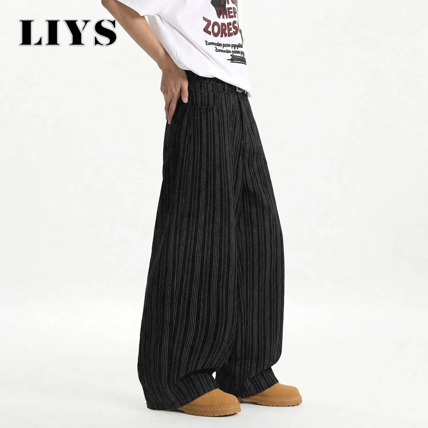 Men's Retro Vertical Stripe Jacquard Baggy Wide Leg Jeans Washed Denim Trousers Y2K Skater Hip Hop Streetwear Daily Casual