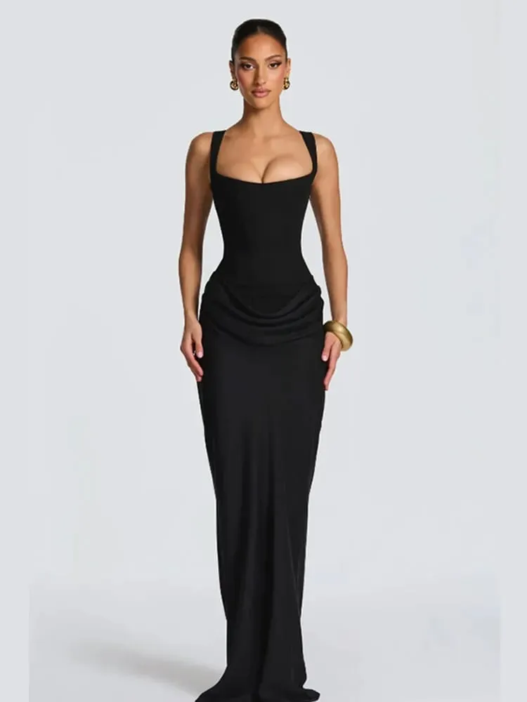 Sexy Women Square-neck Halter Maxi Dress 2026 Pleated Sleeveless Backless High Waist Bodycon Dresses New Summer Lady Party Robes