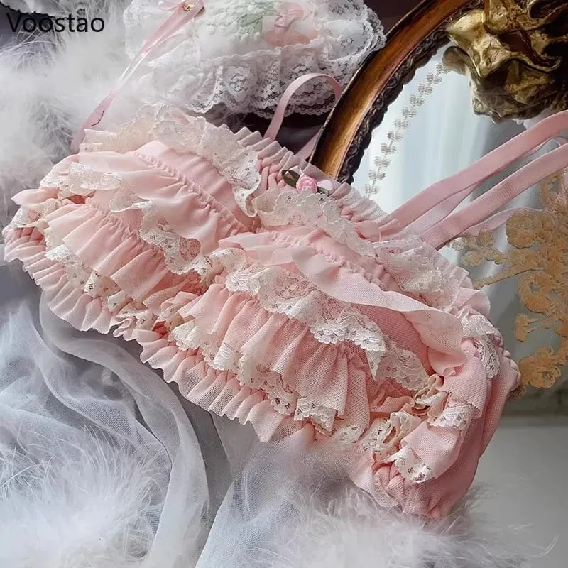 Japanese Sweet Lolita Style Bra Panties Lingerie Set Women Sexy Floral Lace Ruffles Briefs Kawaii Underwear Panty Intimates Sets