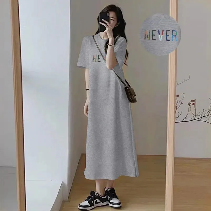Summer Oversized Women Long T Shirt Dress White Round Neck Color Letter NEVER Print Casual Side Split Maxi Dress