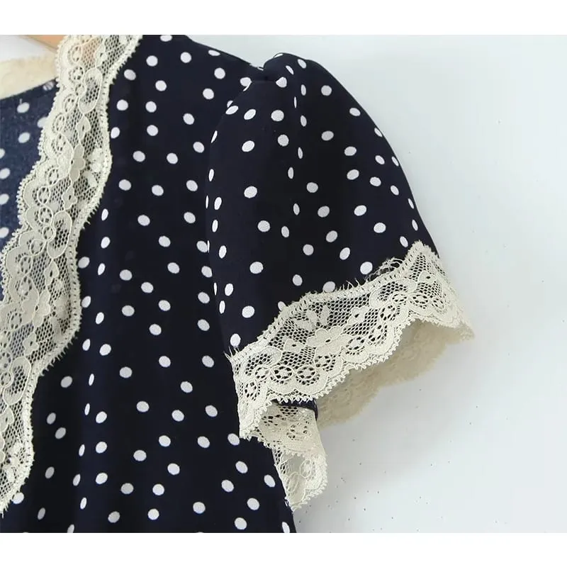 2025 vestido largo de lunares azul marino para mujer, vestido largo con ribete de encaje y cuello en V, manga corta, corte en A, vestidos elegantes para vacaciones, vestido Maxi de verano