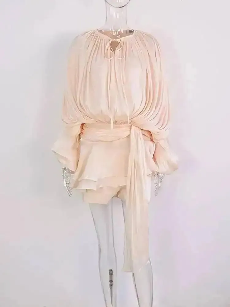 2026 New Summer Fashion Women Clothes Round Neck Lantern Sleeves Satin Short Dress With Shorts Under Two Pieces Set