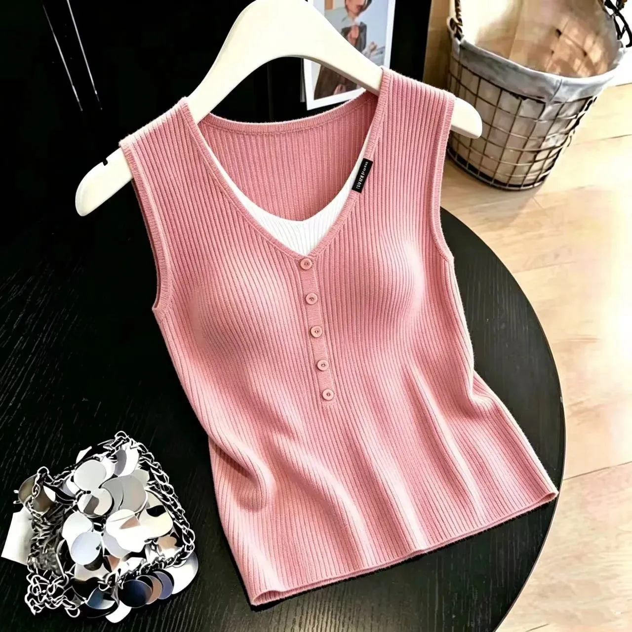 zjaiss Color Block Versatile V Neck Camis 2026 Summer Ice Silk Women Camisole Thin Layer Outer Wear Fake Two Piece Knit Tank Top