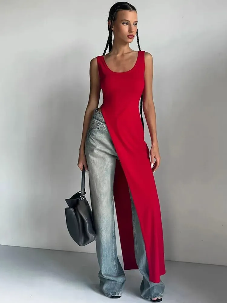 Tren kepribadian musim panas gaun rompi kamisol tanpa lengan hem asimetris tidak beraturan ceruk jalanan warna solid slim fit