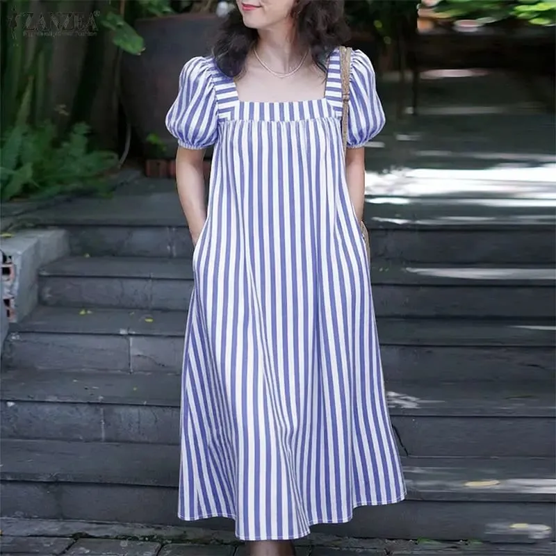 Women Summer Sundress Stylish Striped Dress 2026 Square Neck Short Sleeve Midi Robe Elegant Casual Holiday Beach Dresses