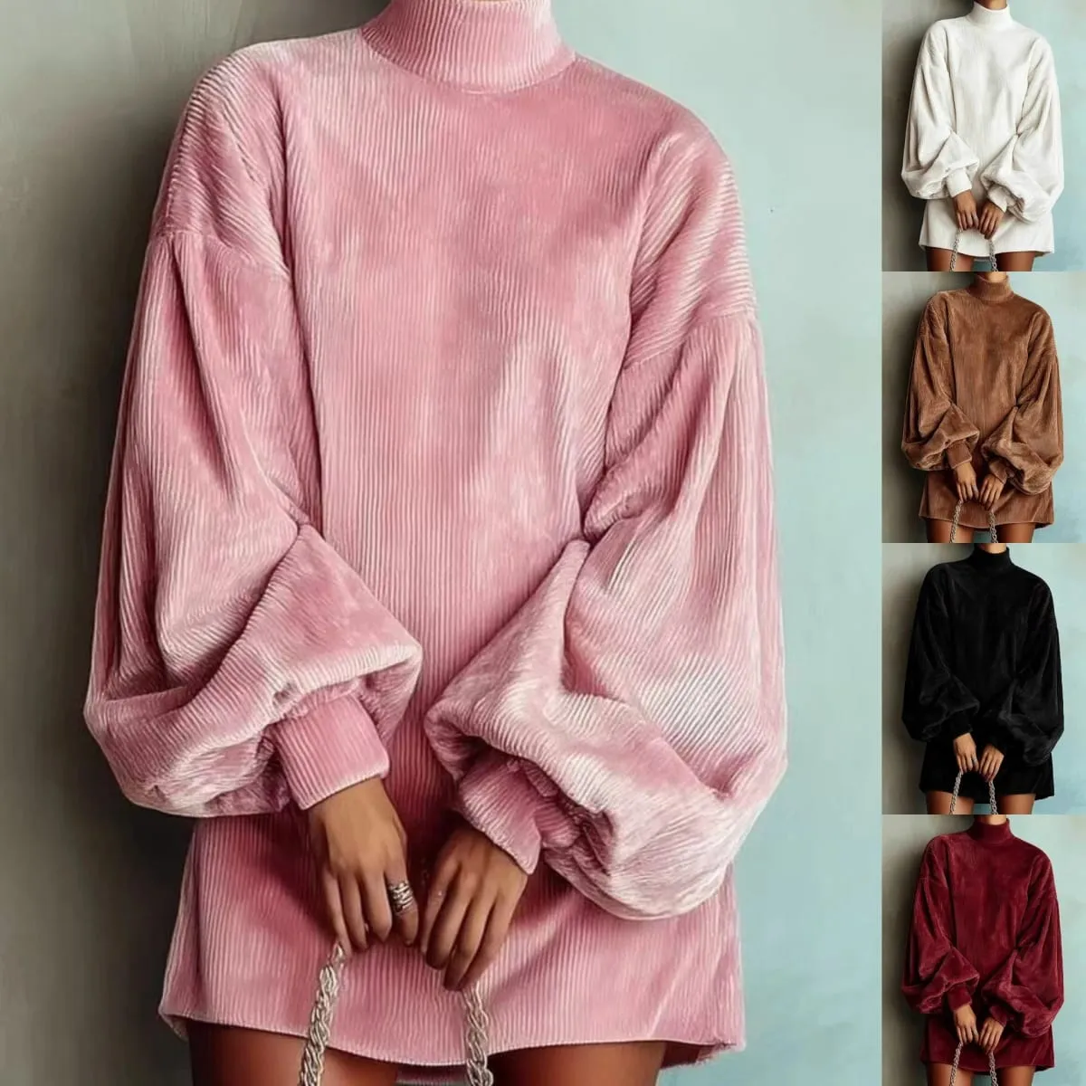 Women Corduroy Turtleneck Mini Dress Oversized Elegant Loose Lantern Sleeve Casual Dresses Autumn Winter Streetwear Short Dress — image 6