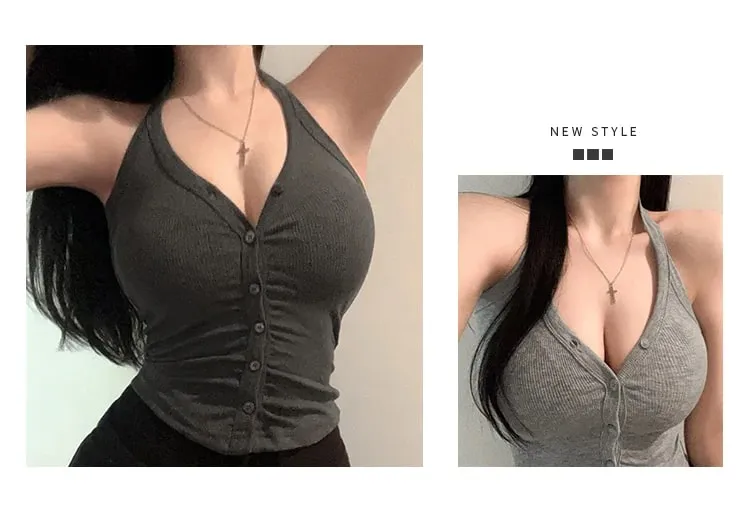 Korean Dongdaemun Pure Desire Spicy Girl Camisole Sexy Slim Women's Crop Tops Feminine Neck Hanging Halter Tank Top Y2K Clothes