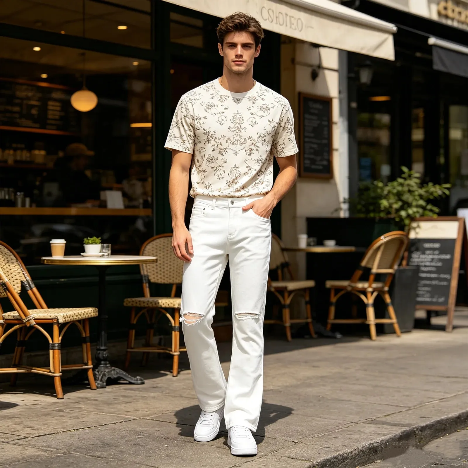 Đô Thị Đường Phố Nam Slim Fit Loe Quần Jean Trắng Đen Quần Jean Đau Khổ Tổng Thể Y2k Màu Giặt Skinny Jeans Nam Rách
