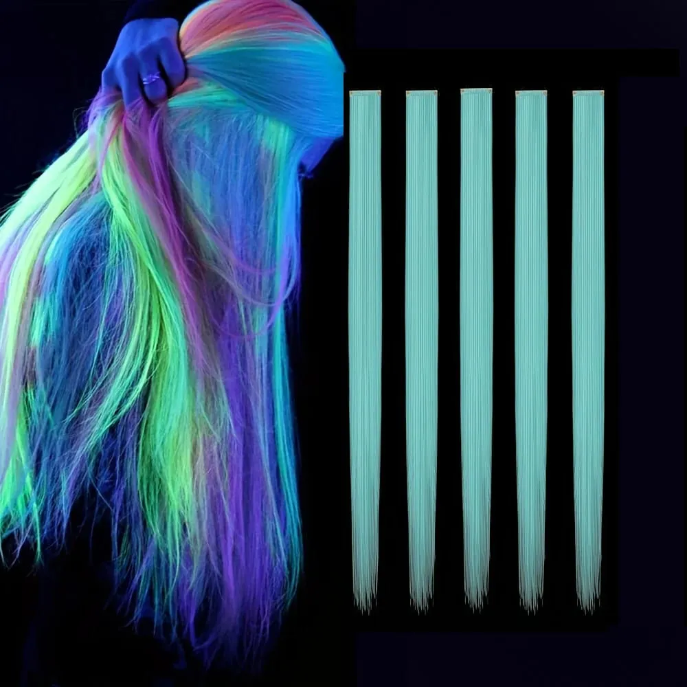 Glow in the Dark Hair Extensions Luminous Colored Hairpieces Colorful Hair Clips Synthetic Neon Fake Hair Clips Hair Accessories
