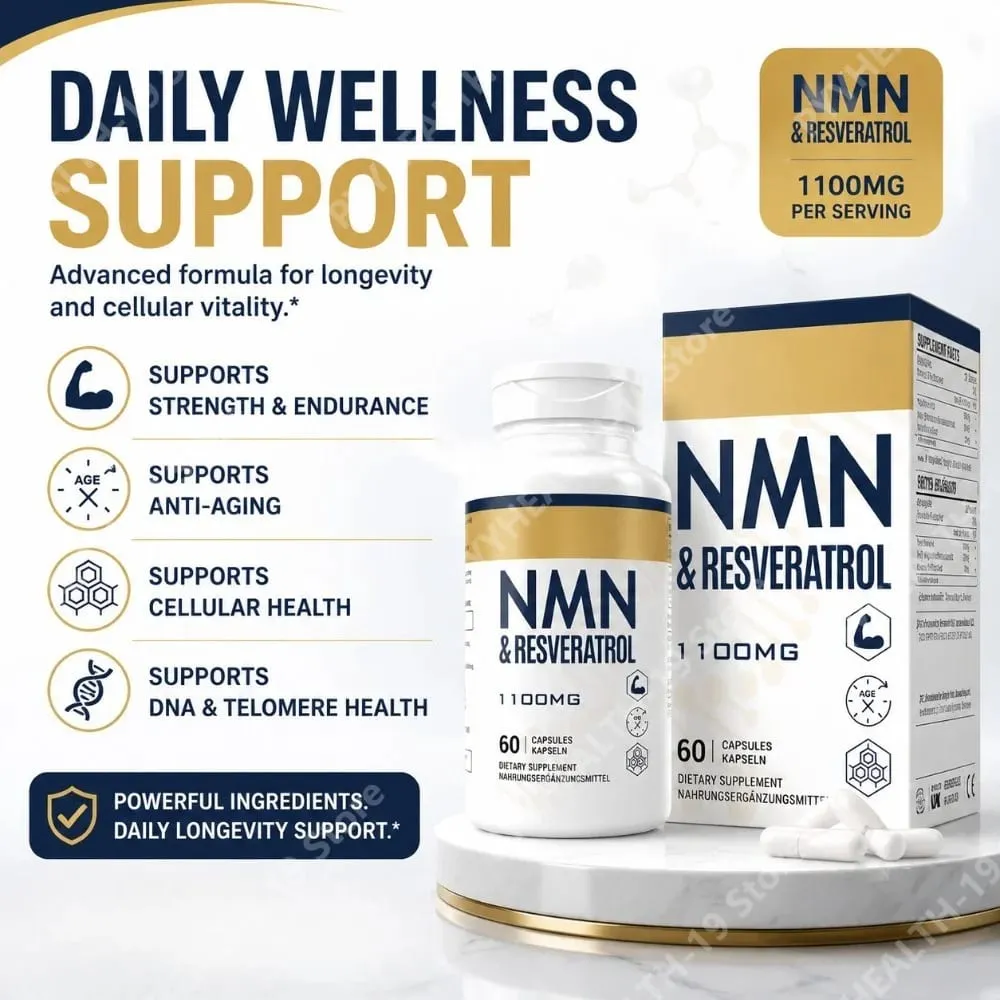 NMN & Resveratrol Supplement – 1100mg Capsules for Cellular Health DNA & Telomere Support with Black Pepper Extract – 60 Ct