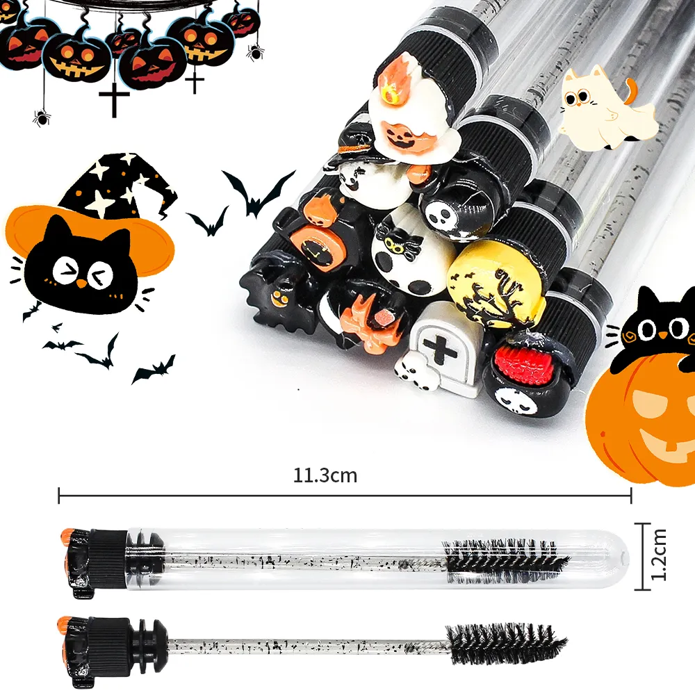 10/50pcs Professional Halloween Tube Mascara Wand - Spooky Horror & Cute Face Brushes Eyelash & Eyebrow Grooming Kit for Parties