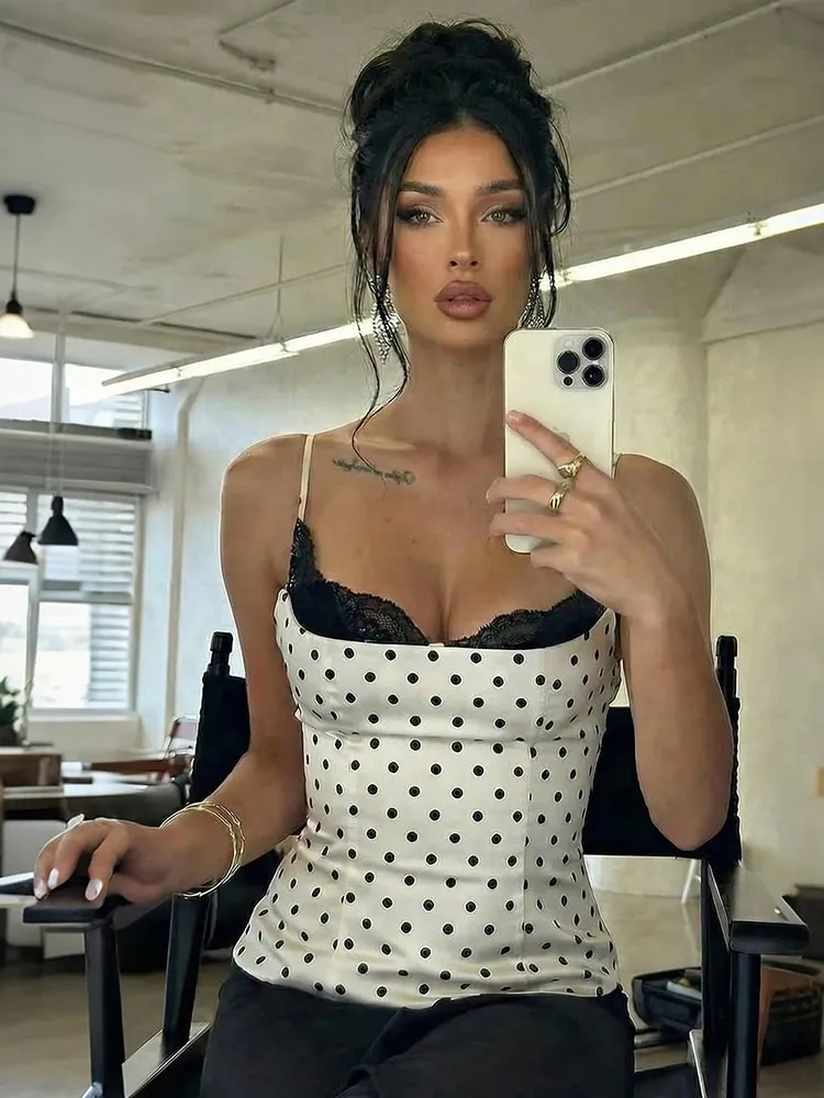 Weird Puss Sexy Lace Patchwork Camisole Women Trend Chic Polka Dot Print Square Collar Skinny Y2K Hottie Street Party Club Vest